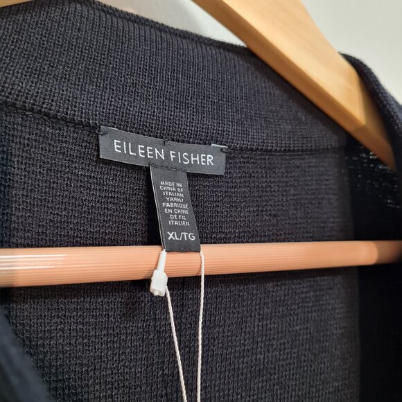Eileen Fisher NEW Cardigan Sweater 100% Wool Leather Cuffs XL NWT Black Coat - Picture 12 of 13